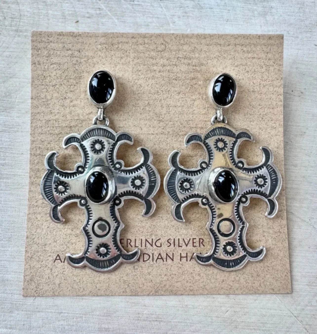 Onyx & Sterling Cross Earrings
