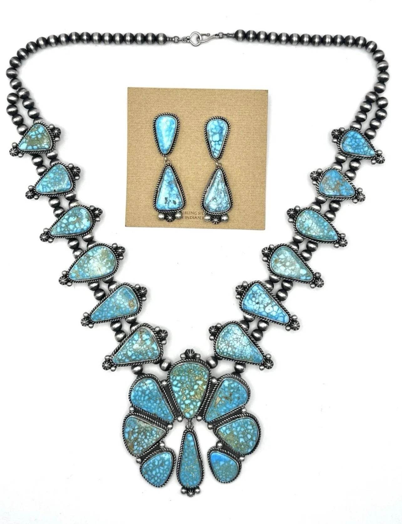 Kingman Turquoise Squash Blossom Necklace SET