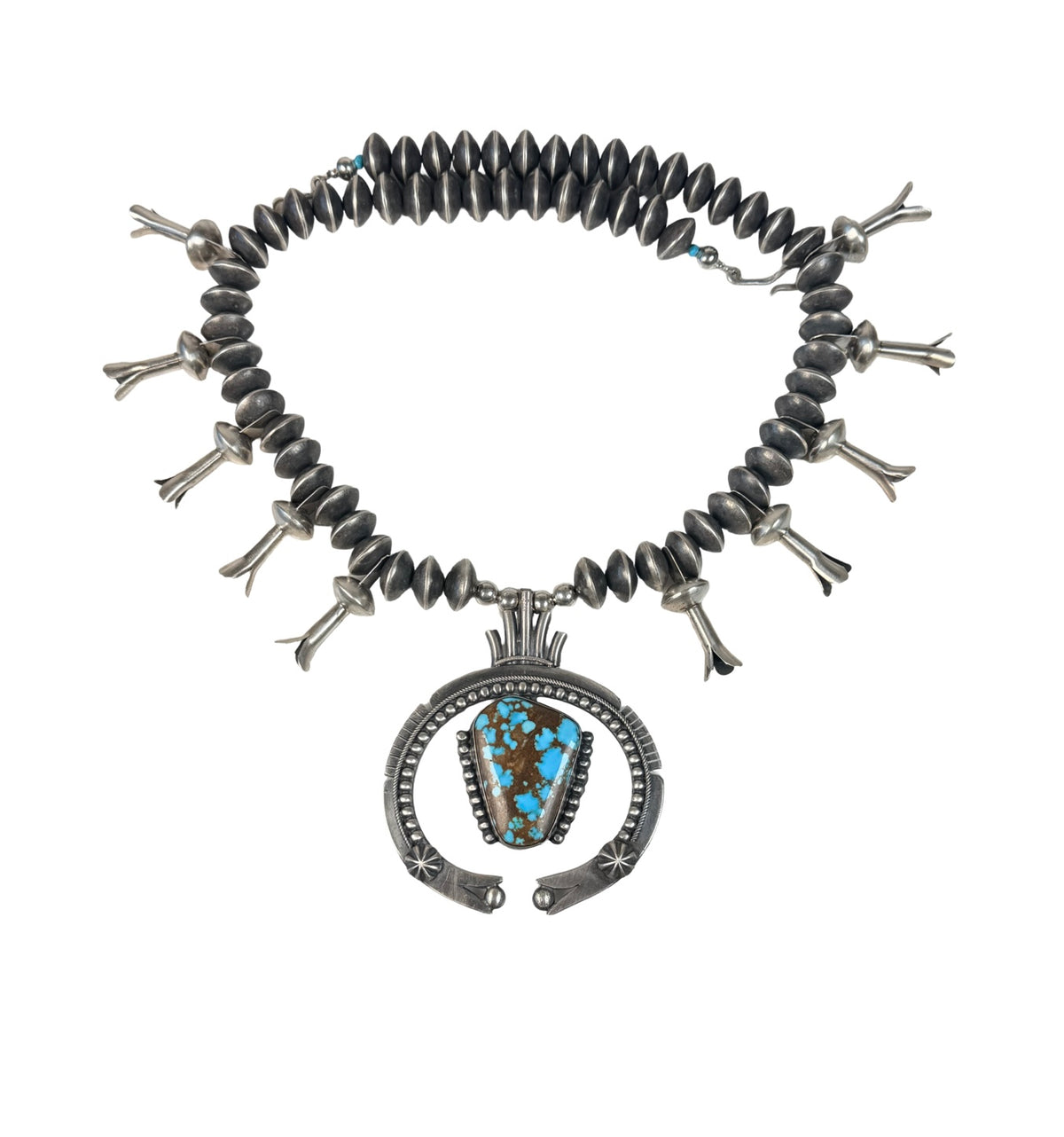 ColoradoJo Andy Marion Pilot Mountain Turquoise & Sterling Squash Blossom Necklace front view