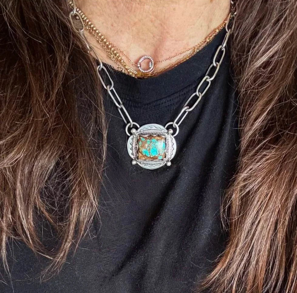 ColoradoJo Clarissa & Vernon Hale Turquoise Pendant Necklace front view on model