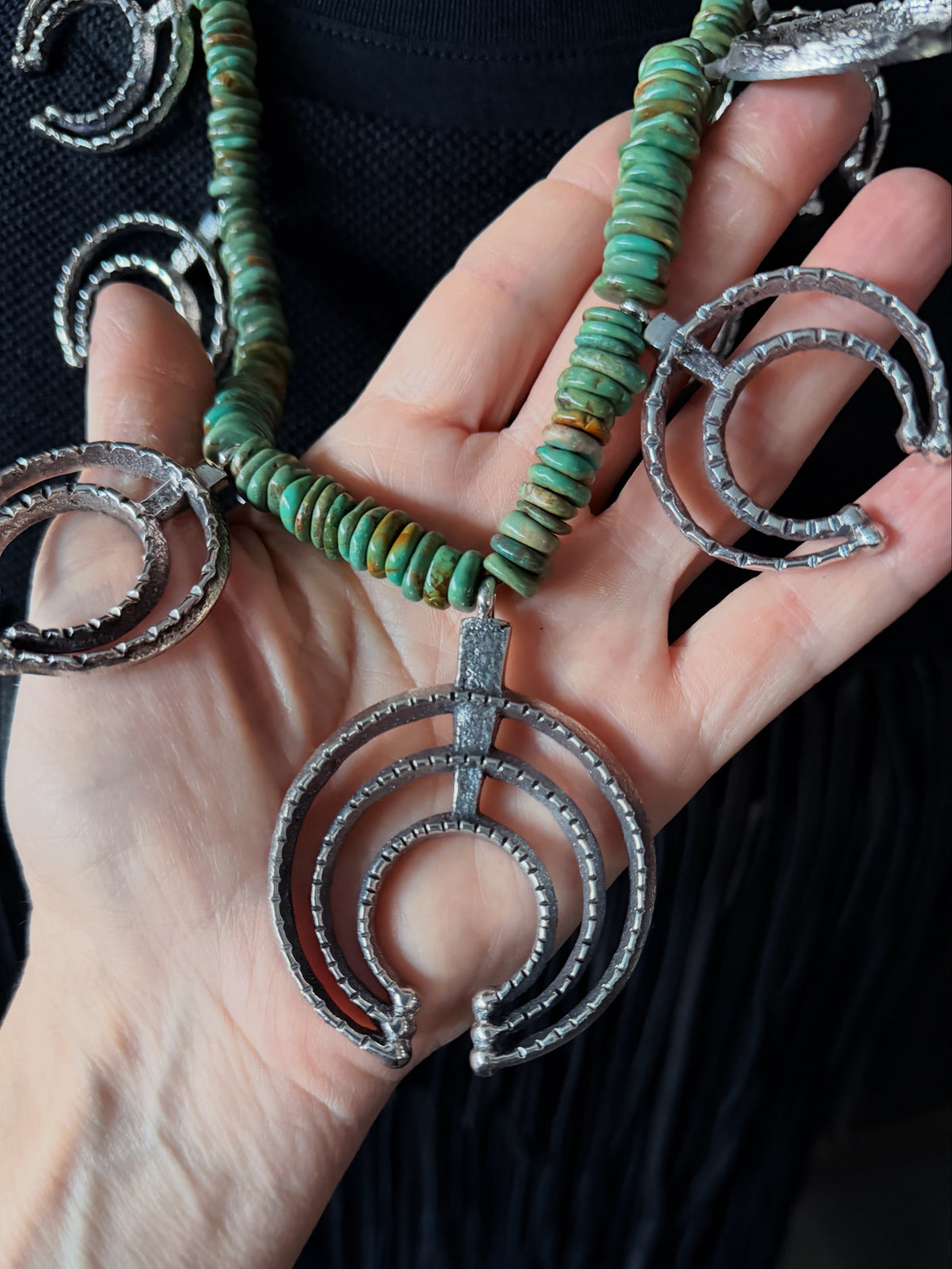 ColoradoJo Gary Custer Royston Turquoise & Sterling Tufa Cast Naja Necklace center Naja zoomed view