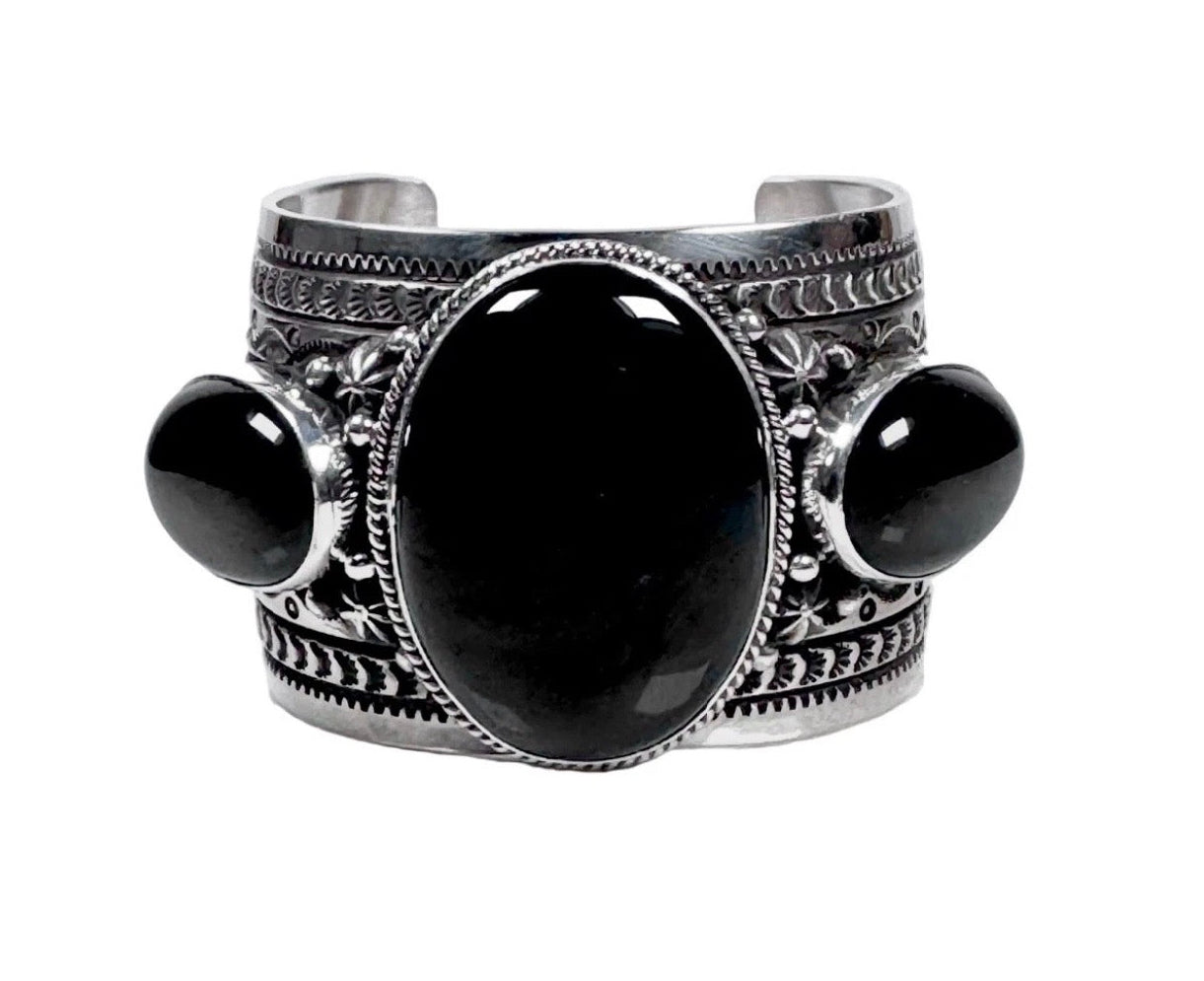 ColoradoJo Happy Piasso Sterling & 3 Stone Onyx Cuff front view