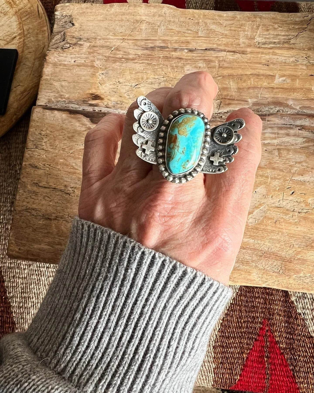 ColoradoJo Kathy Sands Artisan Handmade Royston Turquoise Ring above angle modeled