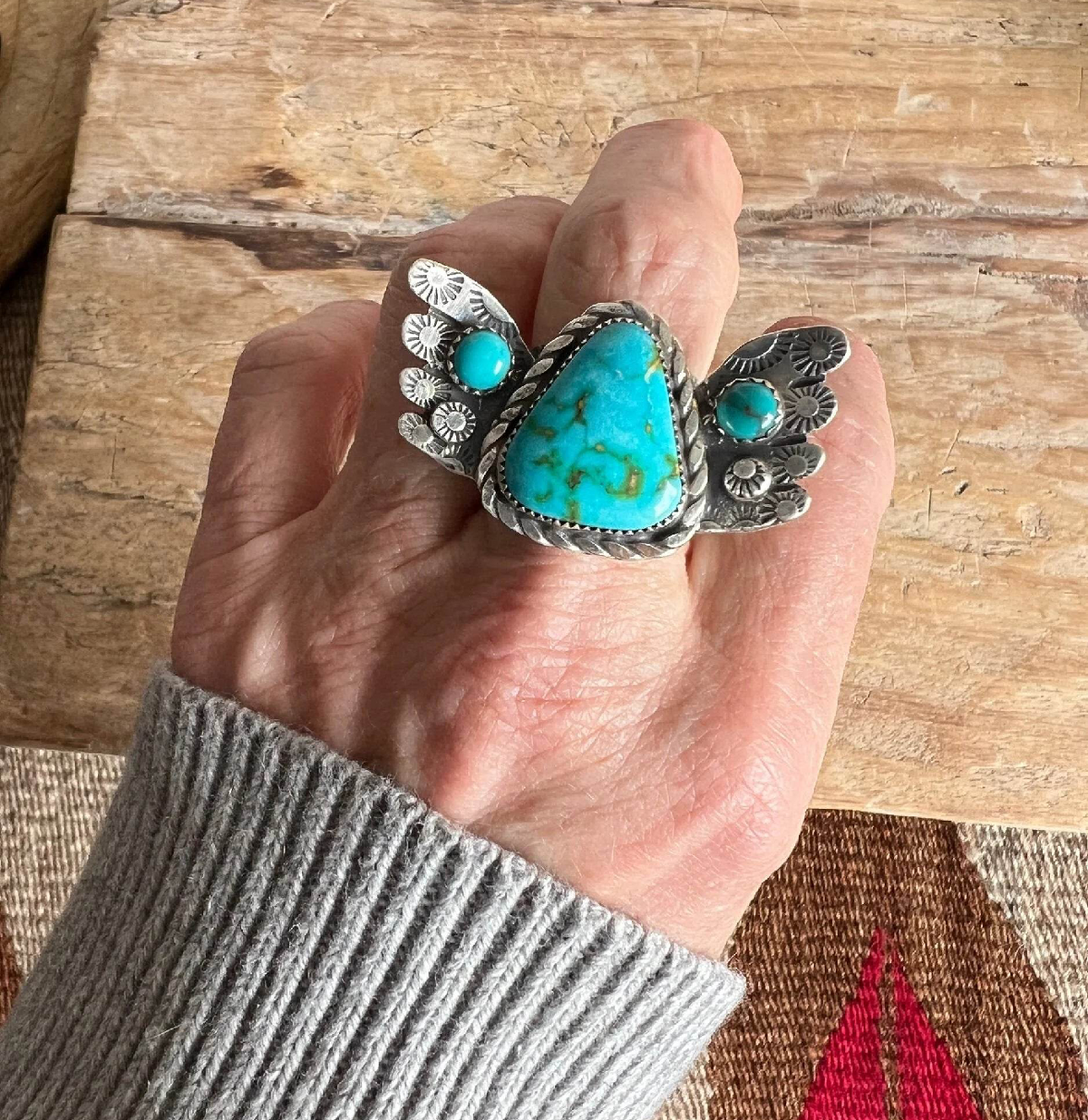 ColoradoJo Kathy Sands Artisan Handmade Turquoise Ring top down view modeled