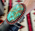 ColoradoJo Leon Martinez Royston Turquoise & Italian Coral Cuff worn on wrist above view