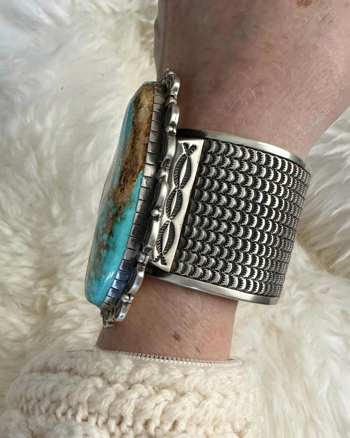 ColoradoJo Matthew Charley Signature Royston Turquoise Cuff side view on wrist