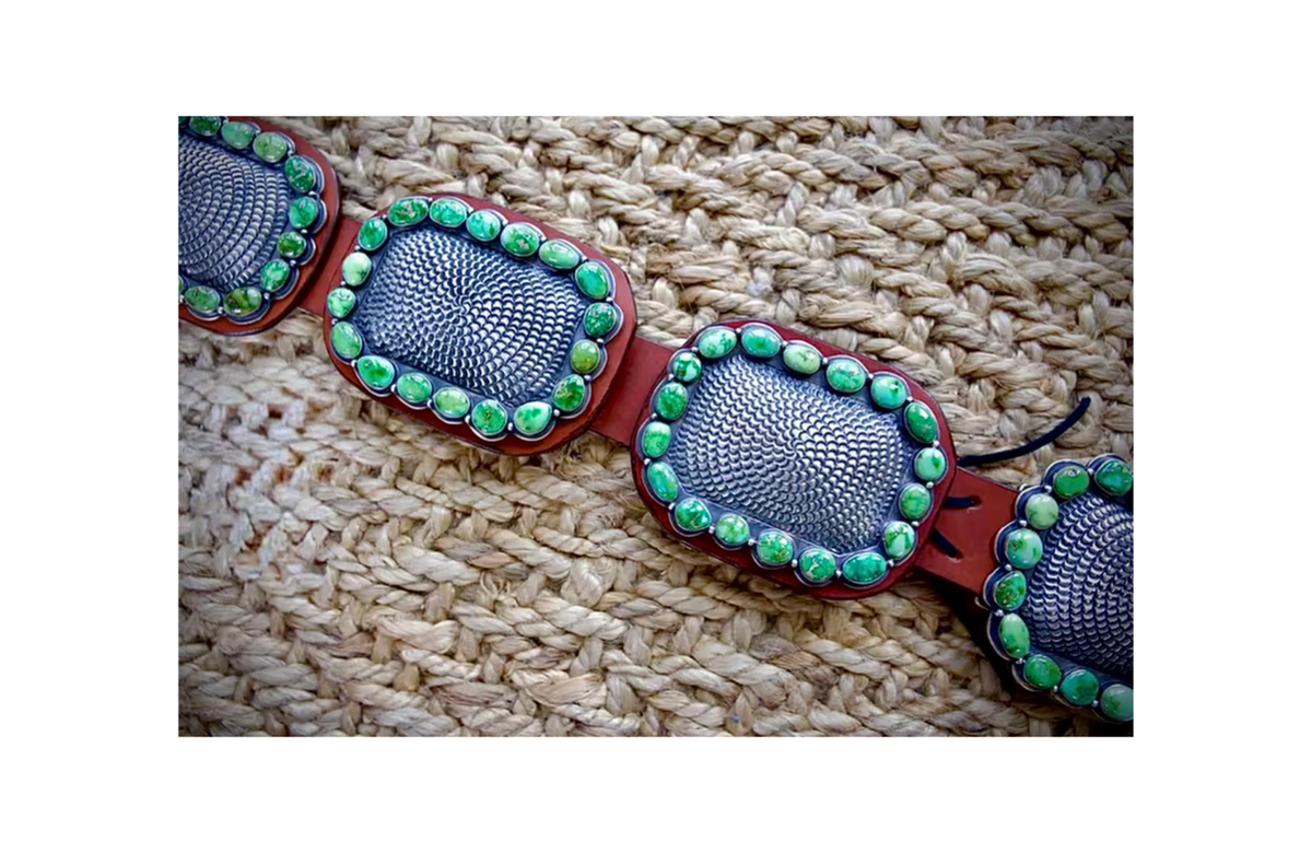 ColoradoJo featuring Collectible Artist Matthew Charley Concho Belt with Sonoran Gold Turquoise four concho view