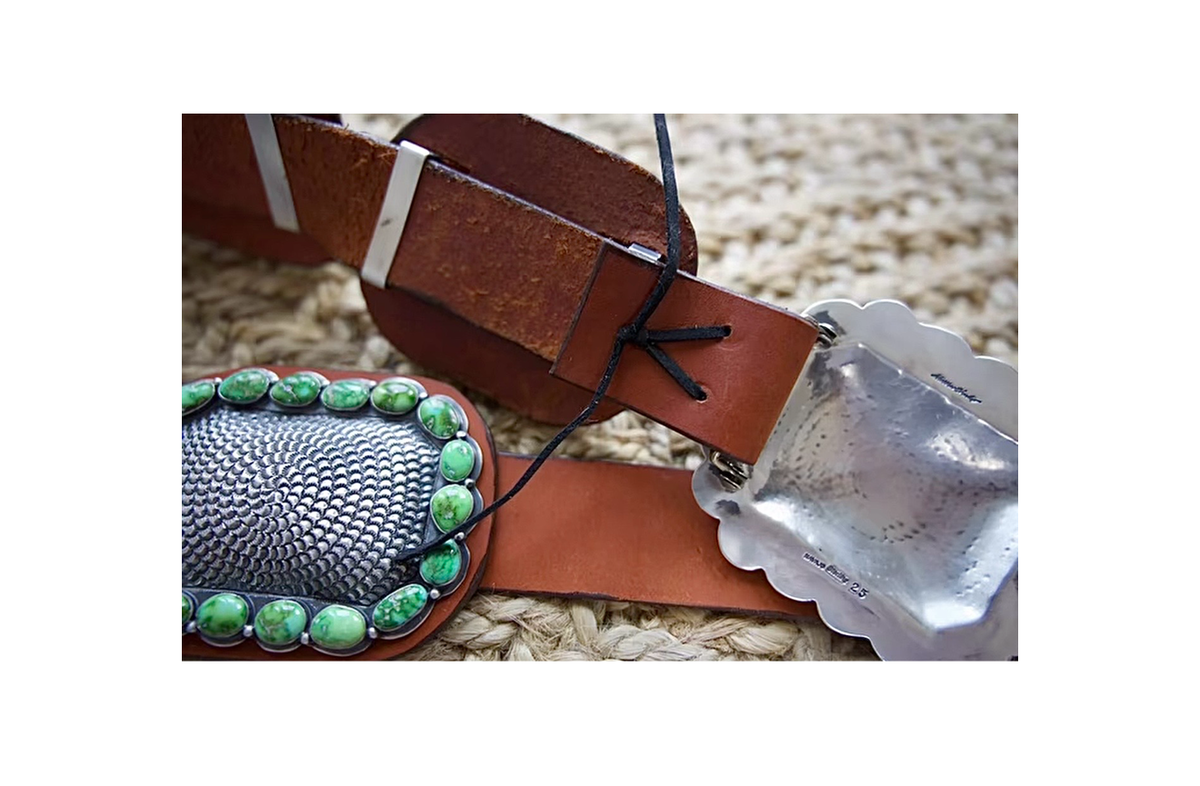 ColoradoJo Matthew Charley Sonoran Gold Turquoise and signature hand stamping Concho Belt buckle with hallmark on brown leather 