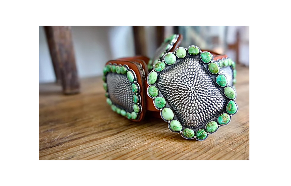 ColoradoJo featuring Collectible Artist Matthew Charley Concho Belt with Sonoran Gold Turquoise and signature hand stamping