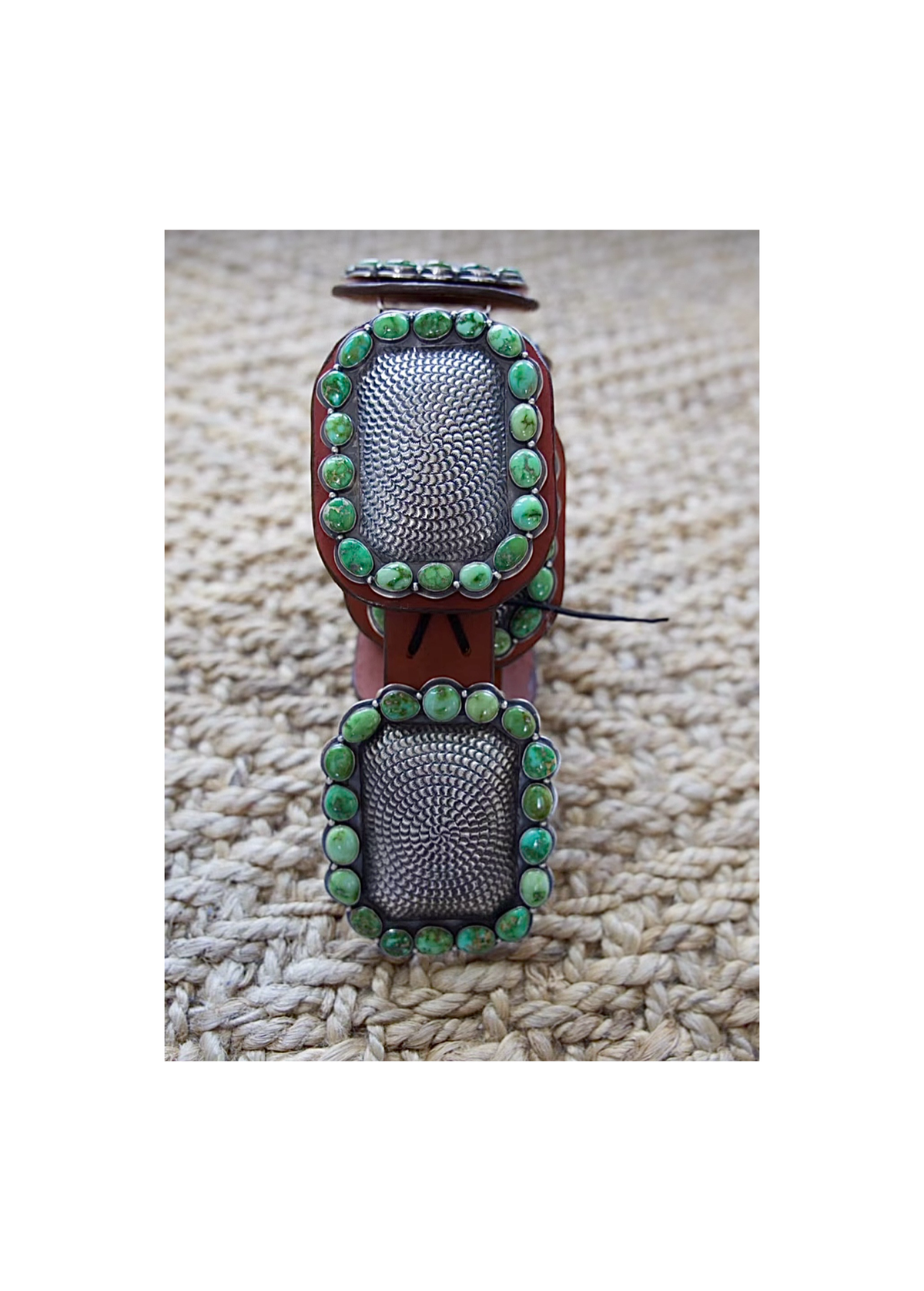 ColoradoJo Matthew Charley Sonoran Gold Turquoise Concho Belt with hand stamping concho view