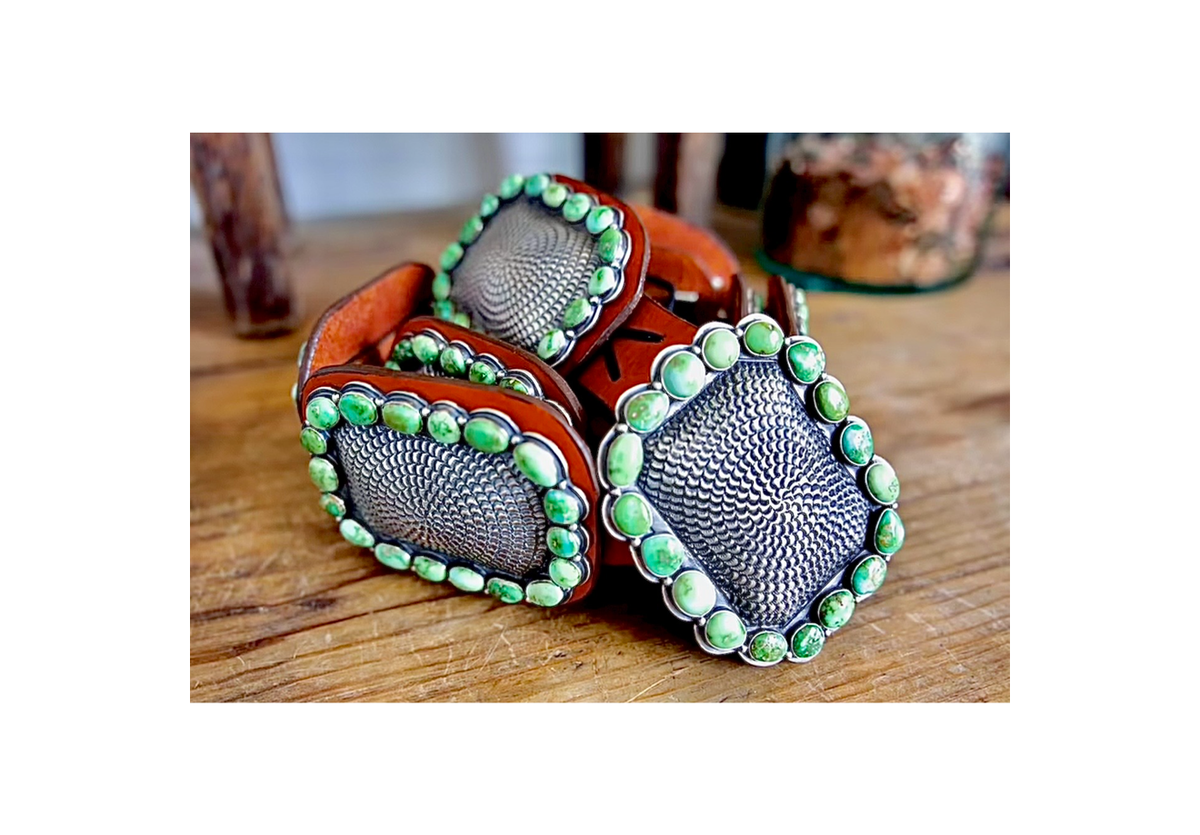 ColoradoJo featuring Collectible Artist Matthew Charley Concho Belt with Sonoran Gold Turquoise wrapped display