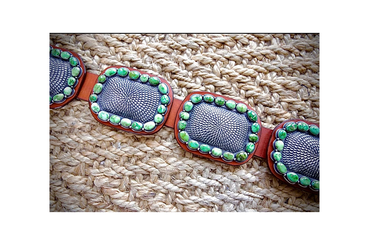 ColoradoJo featuring Collectible Artist Matthew Charley Concho Belt with Sonoran Gold Turquoise and hand stamping four concho focus