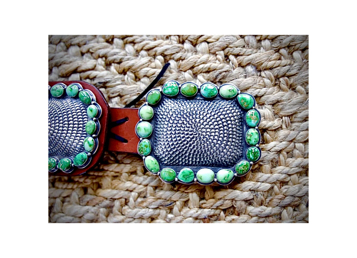 ColoradoJo Matthew Charley Concho Belt with Sonoran Gold Turquoise and hand stamping single concho focus