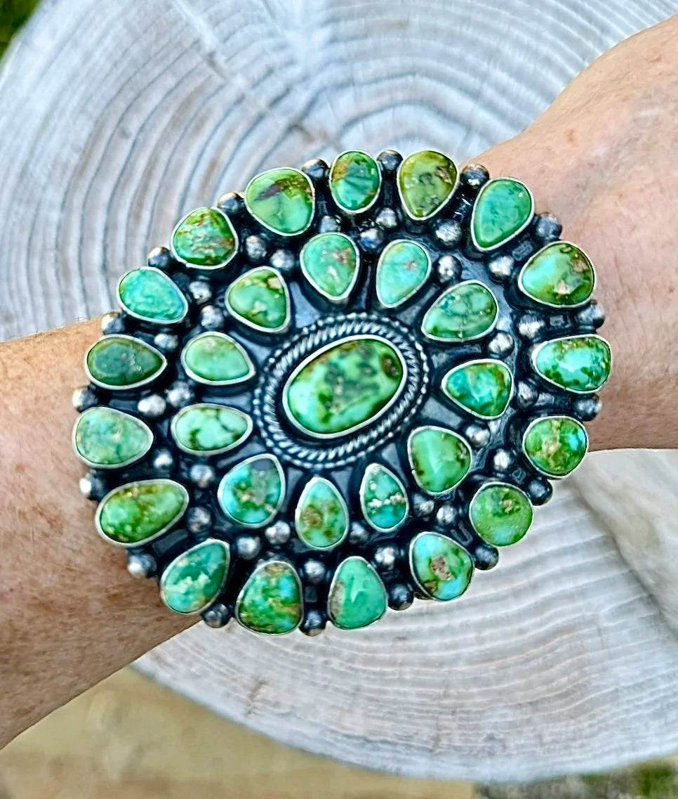 ColoradoJo Readda Begay Sonoran Gold Turquoise Cluster Cuff above angle on wrist