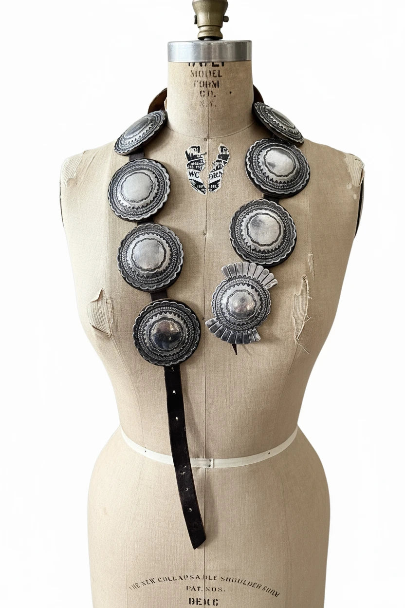 ColoradoJo Santa Fe Vintage Sterling Concho Belt mannequin full view