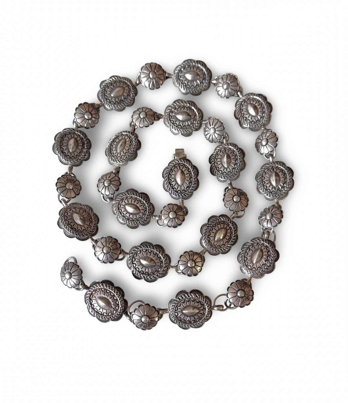 ColoradoJo Vintage Navajo Handmade Sterling Concho Belt full spiral view