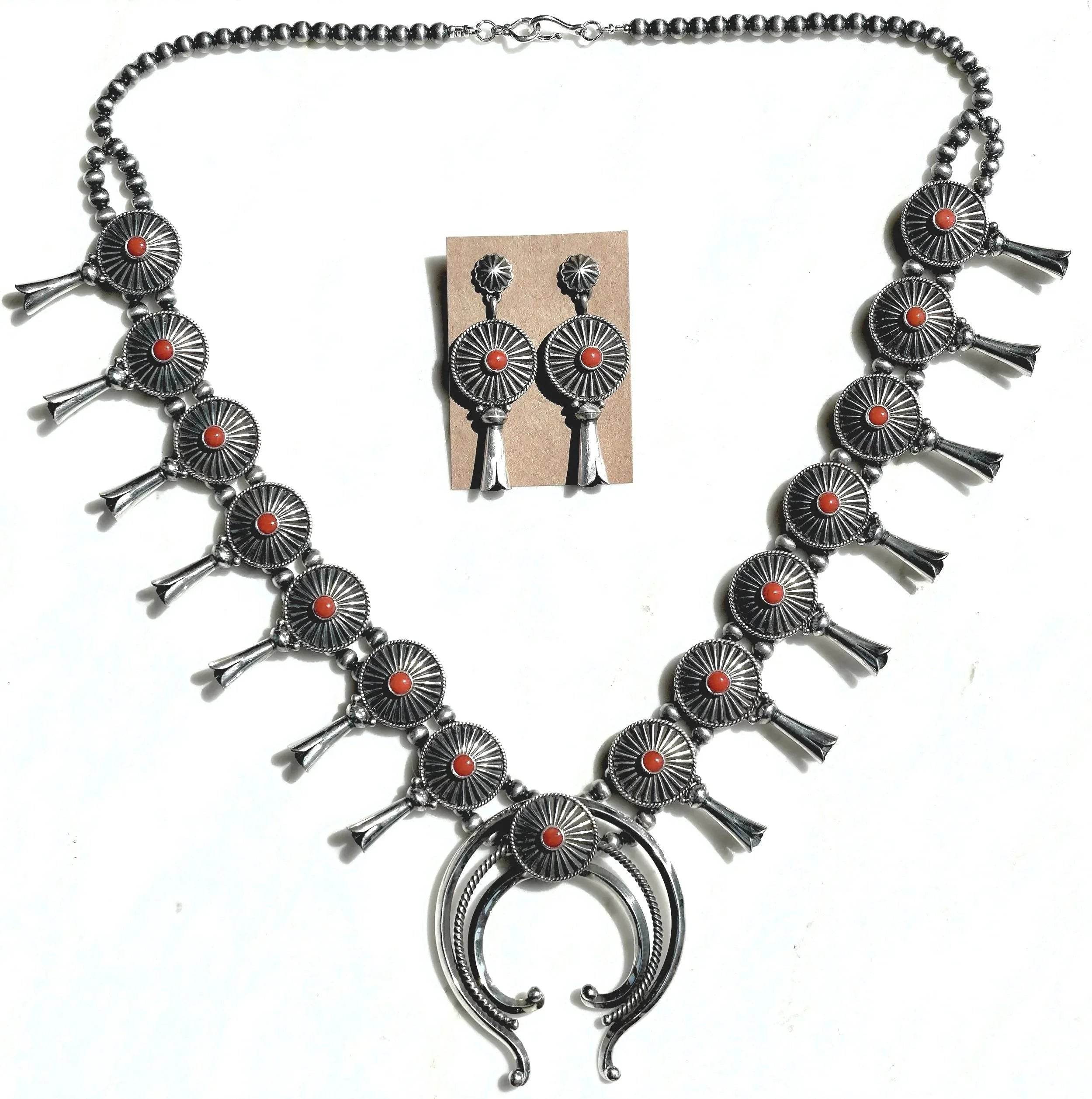 Mediterranean Coral Squash Blossom Necklace Set