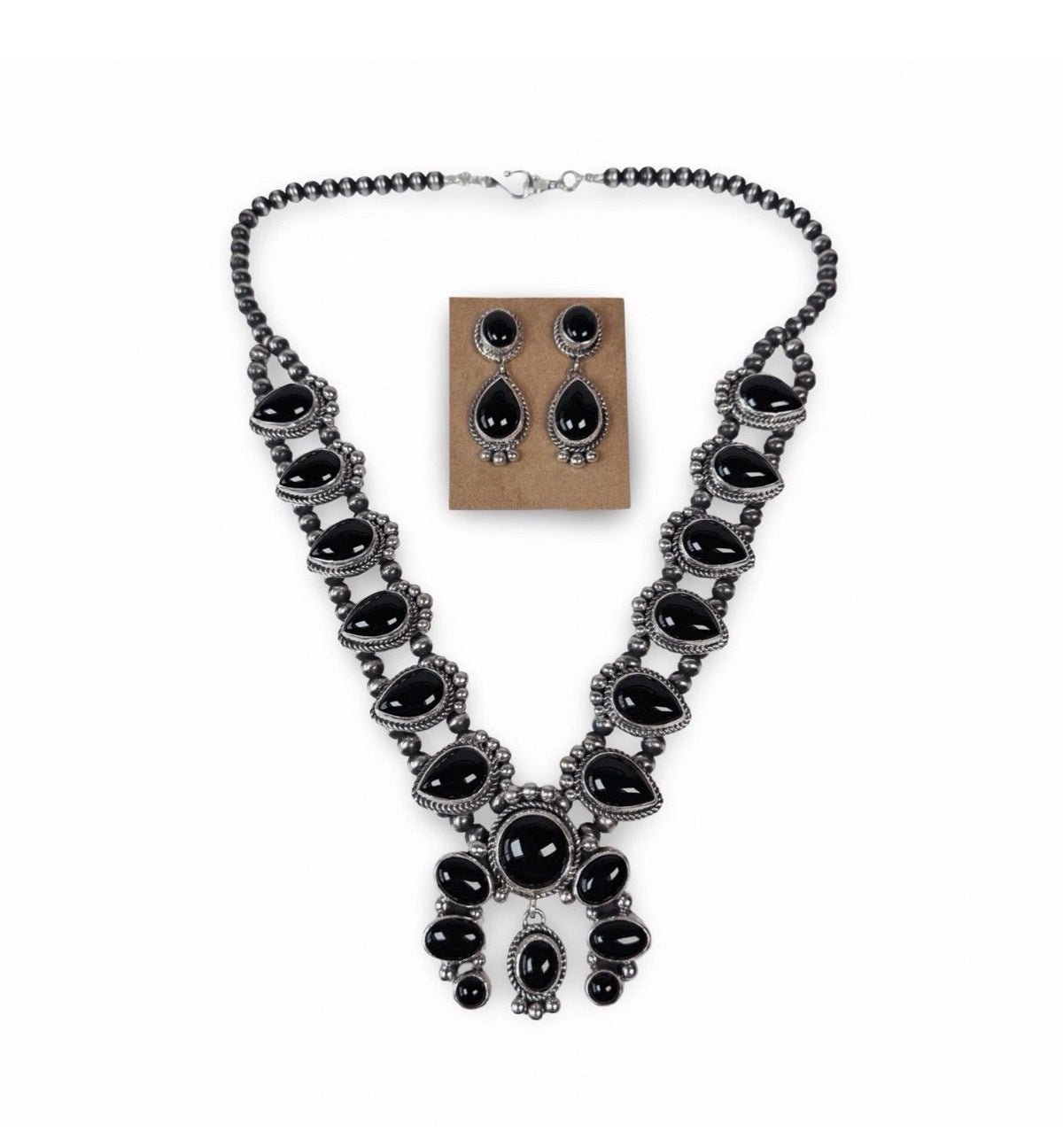 Linda Yazzie Onyx Squash Blossom Necklace SET