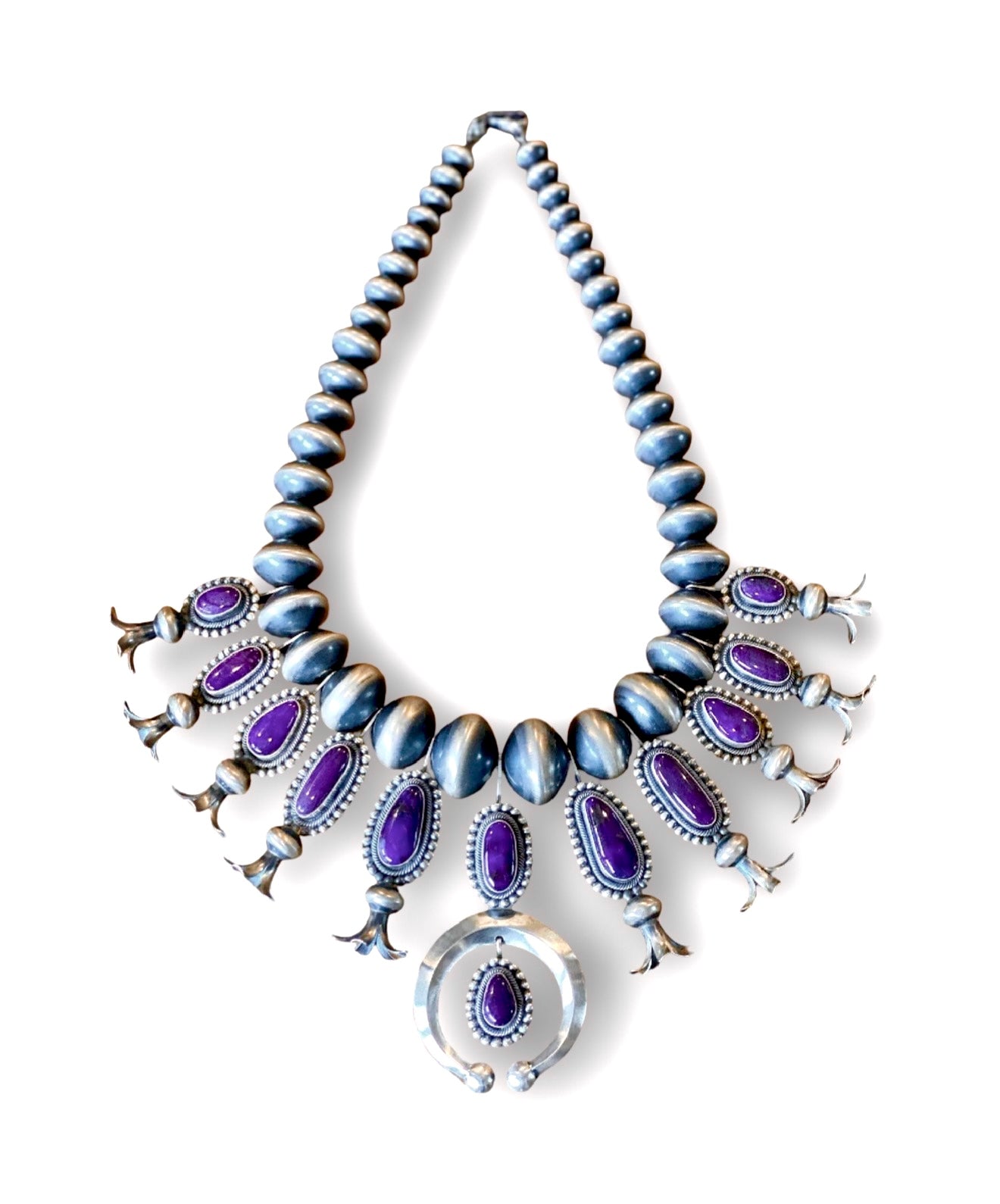 Ernest Roy Begay Sugilite Sterling Squash Blossom Necklace