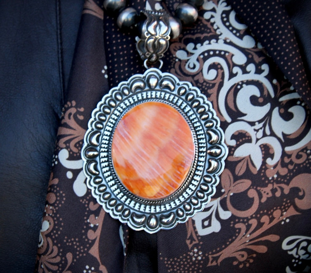 Orange Spiny Oyster & Sterling Pendant