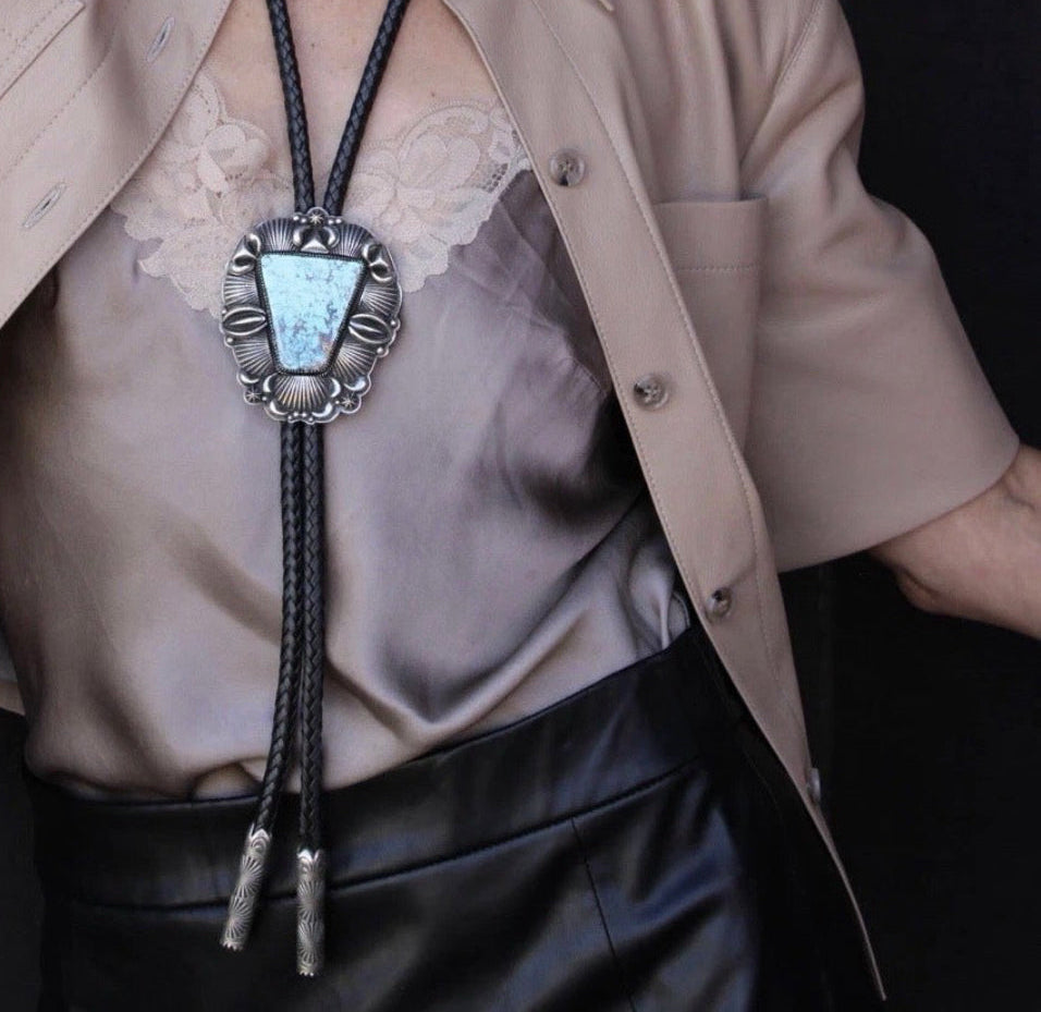 Delbert Gordon Royston Turquoise & Sterling Bolo on Black Leather