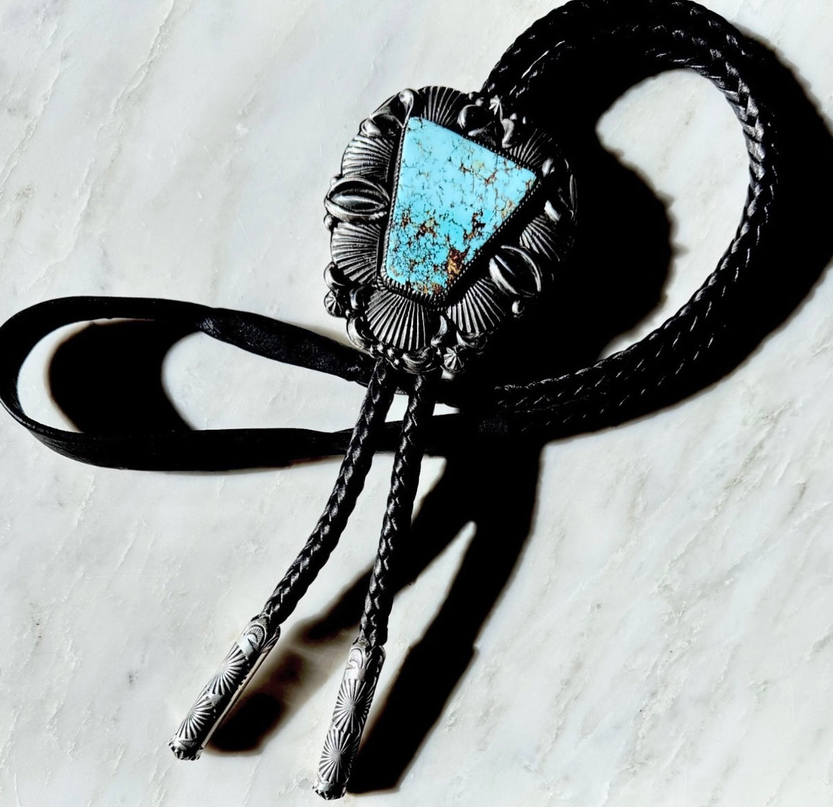 Delbert Gordon Royston Turquoise & Sterling Bolo on Black Leather