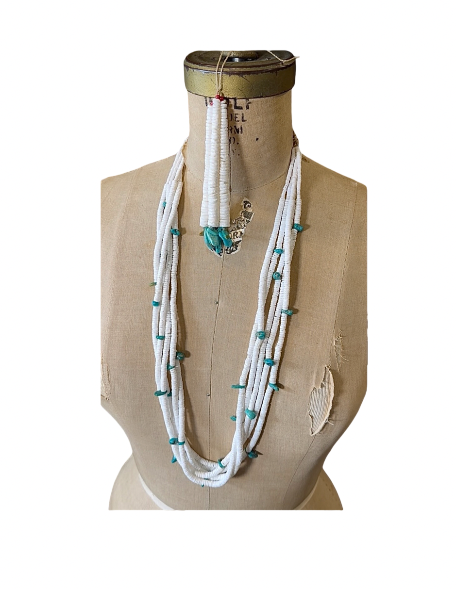 ColoradoJo 5 Strand Royston Turquoise and White Clam Shell Necklace full piece front view on mannequin