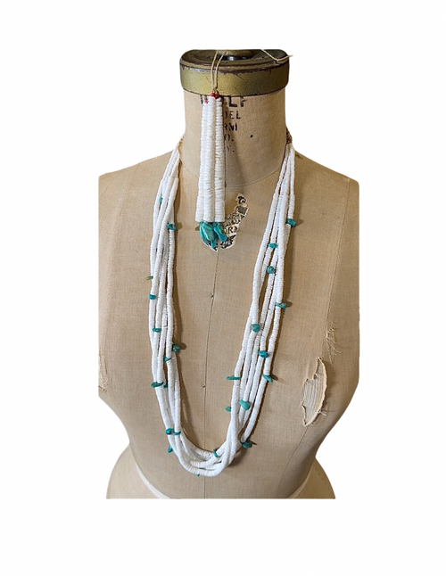 ColoradoJo 5 Strand Royston Turquoise and White Clam Shell Necklace full piece front view on mannequin
