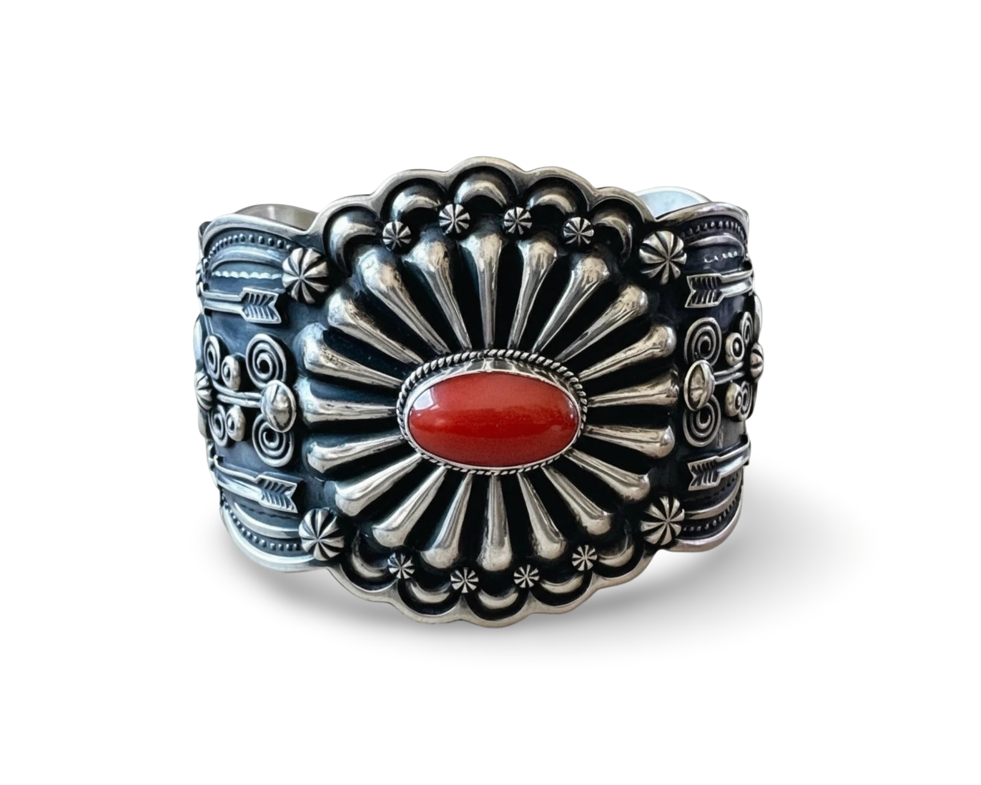 Darrell Cadman Mediterranean Coral Concho Style Sterling Cuff