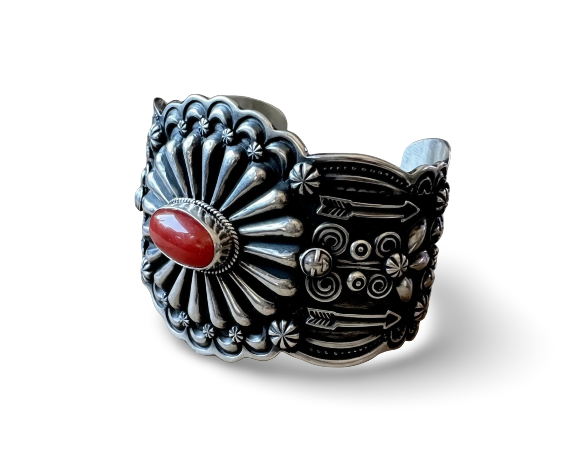 Darrell Cadman Mediterranean Coral Concho Style Sterling Cuff