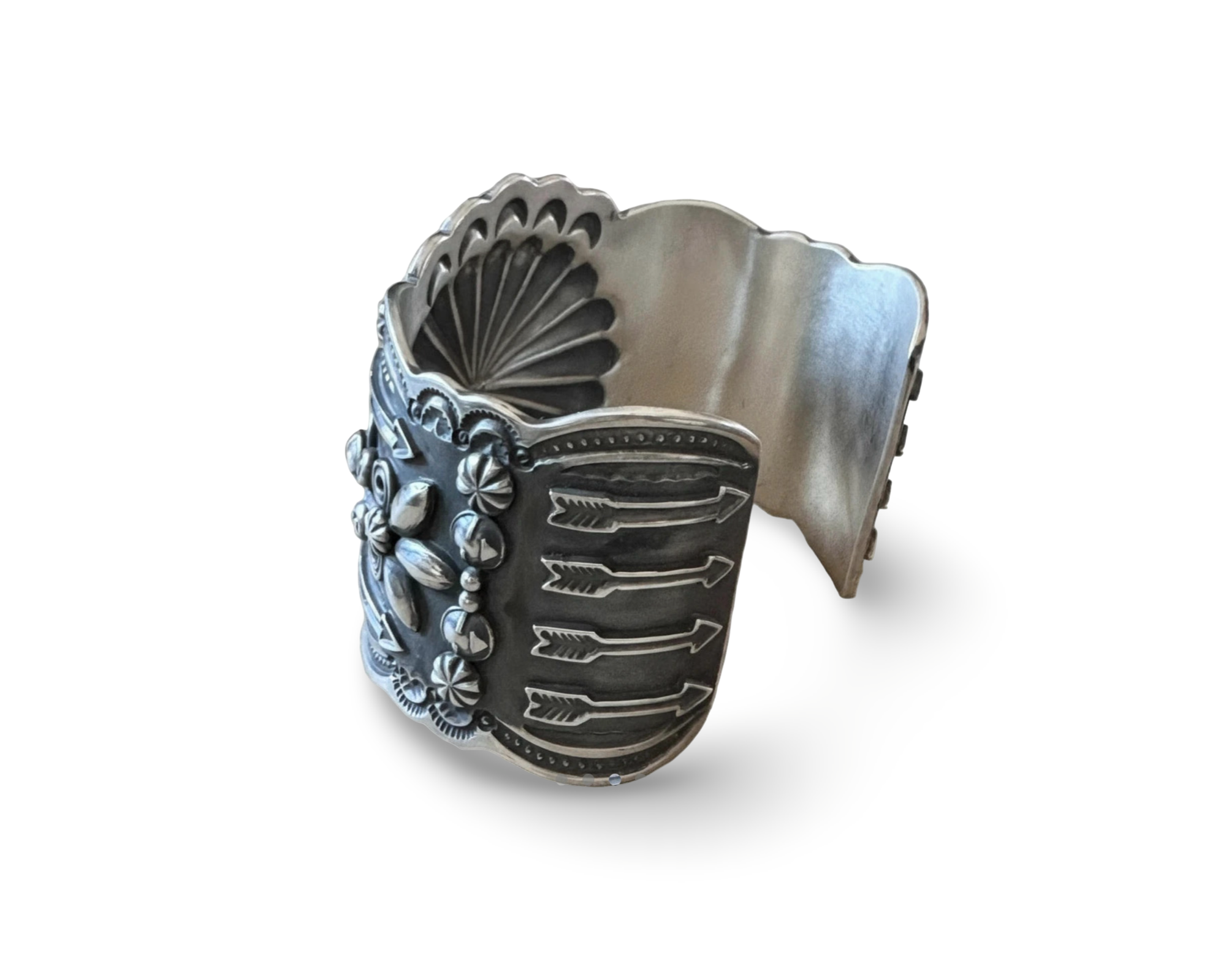 Darrell Cadman Mediterranean Coral Concho Style Sterling Cuff