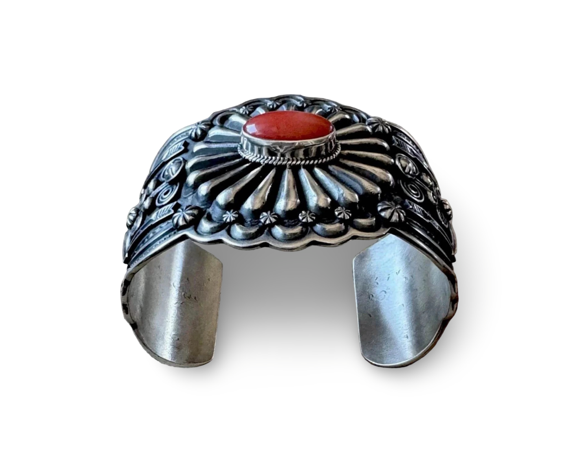 Darrell Cadman Mediterranean Coral Concho Style Sterling Cuff