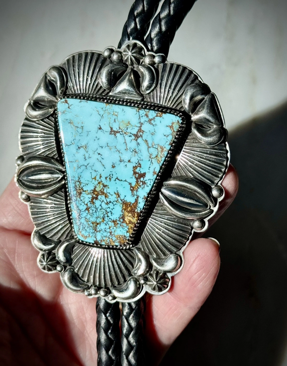 Delbert Gordon Royston Turquoise & Sterling Bolo on Black Leather