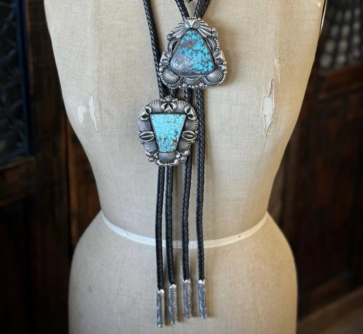 Delbert Gordon Royston Turquoise & Sterling Bolo on Black Leather