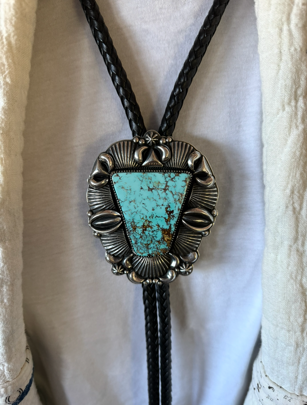 Delbert Gordon Royston Turquoise & Sterling Bolo on Black Leather