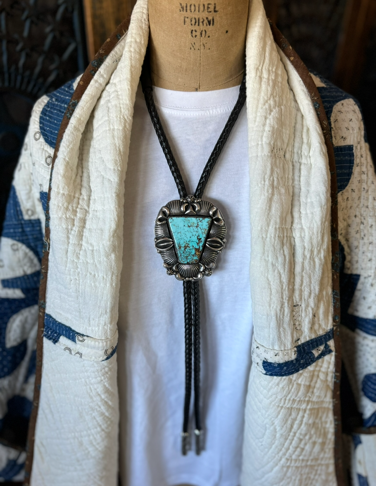 Delbert Gordon Royston Turquoise & Sterling Bolo on Black Leather