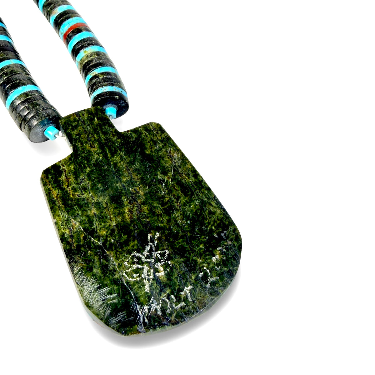ColoradoJo Santo Domingo Kewa Pueblo Mosaic Tab Necklace rear hallmark view