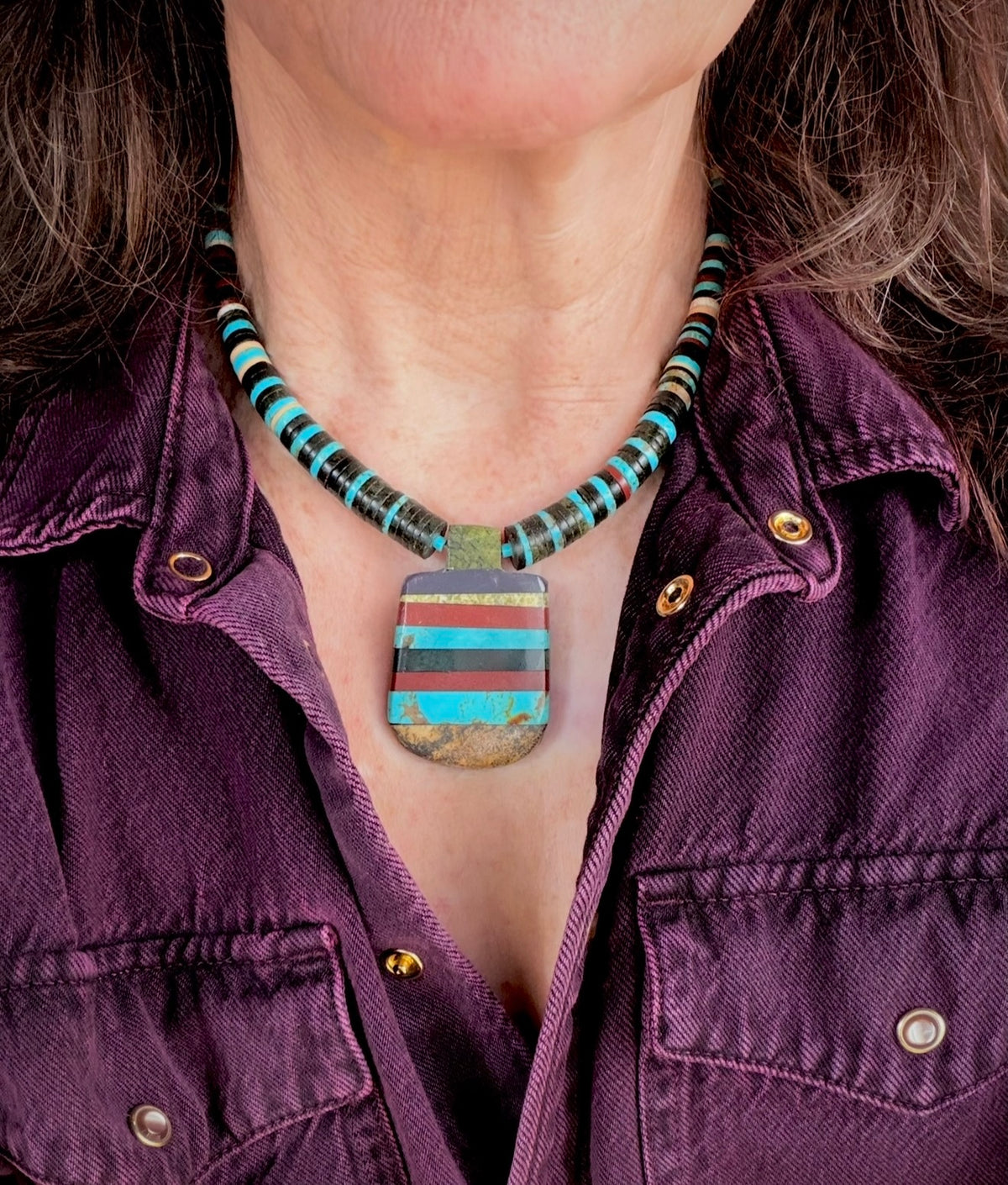 ColoradoJo Santo Domingo Kewa Pueblo Mosaic Tab Necklace on model