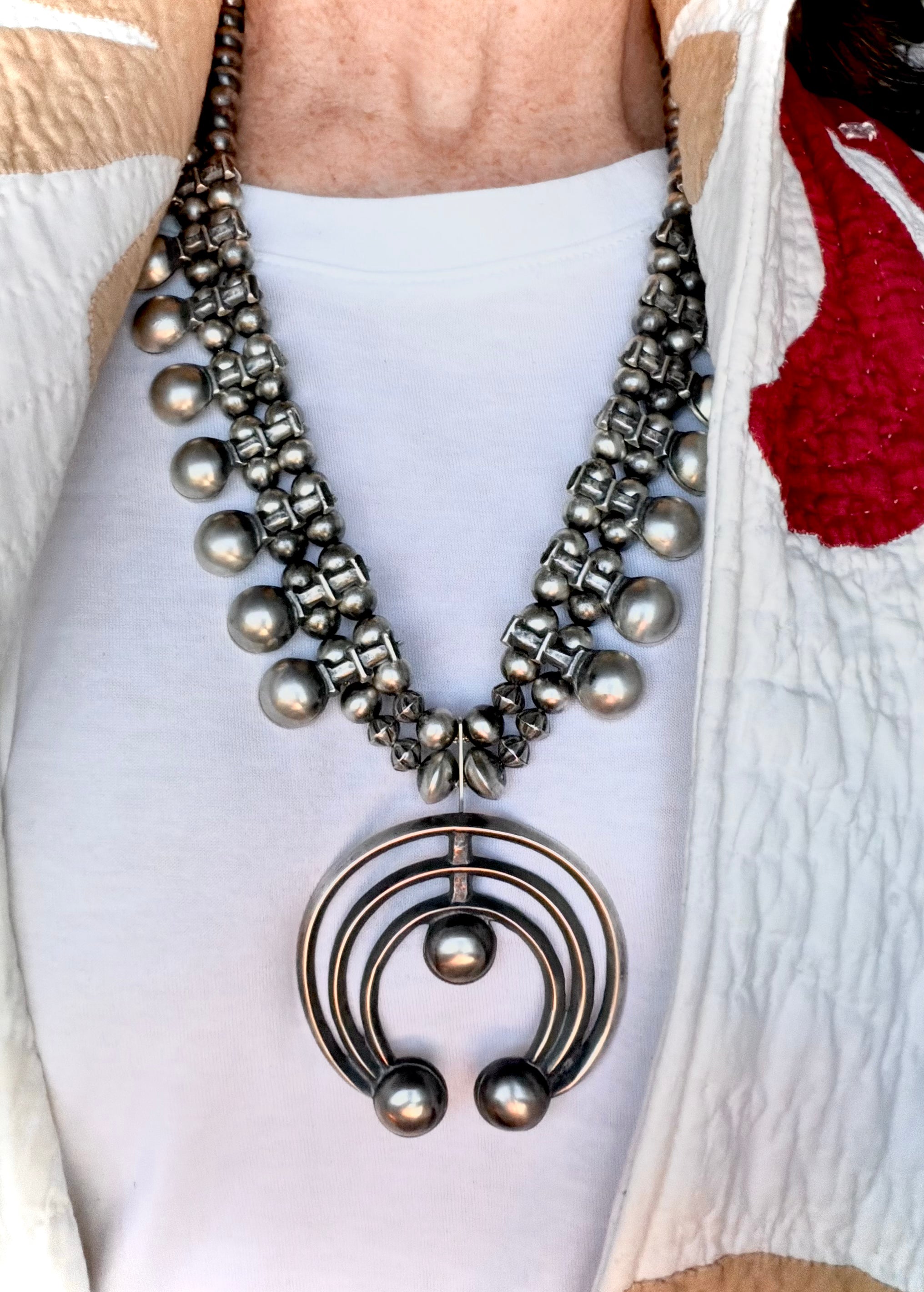 ColoradoJo William Begay Sterling Squash Blossom Necklace full view on model