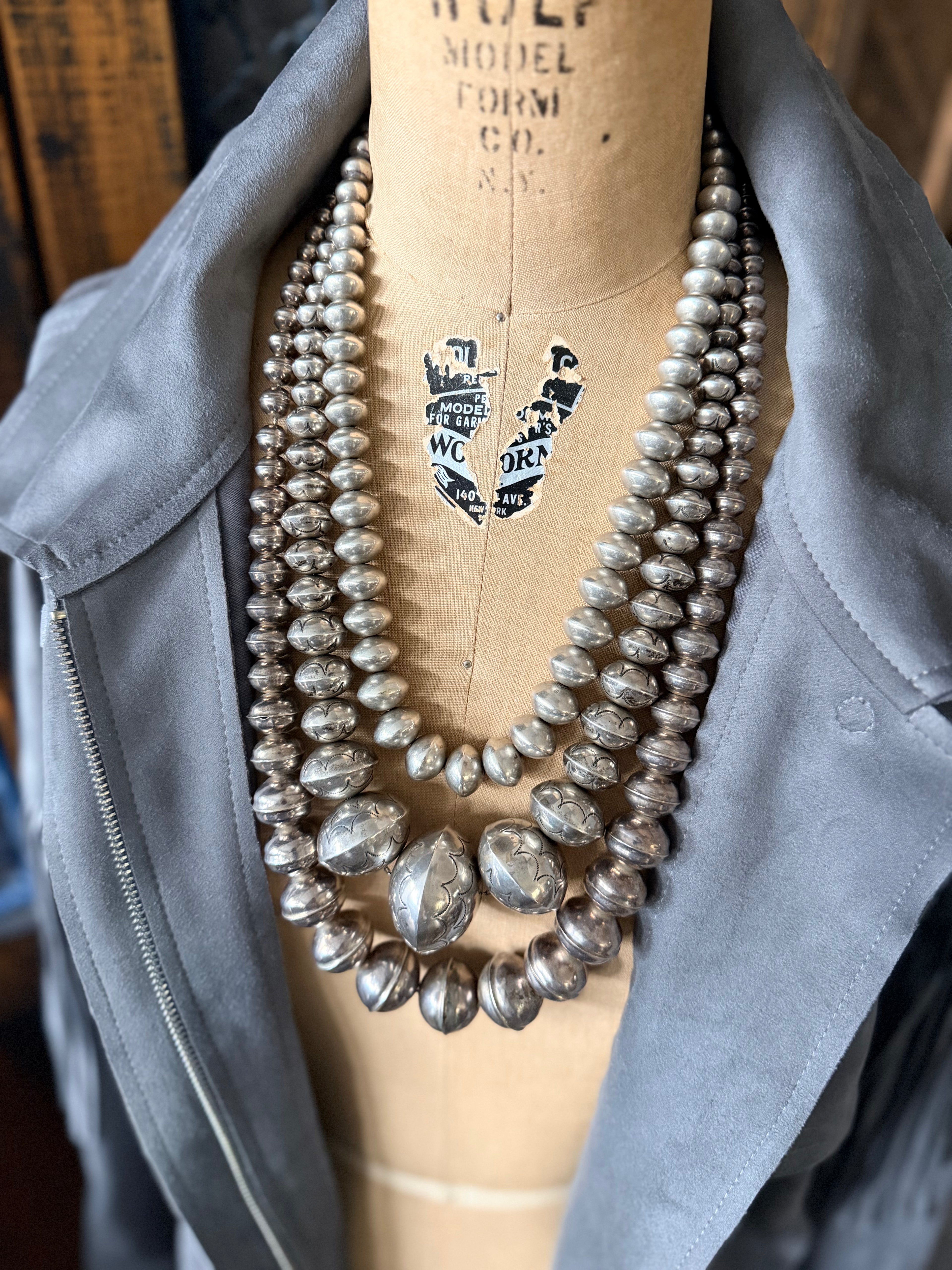 ColoradoJo Sterling Graduated Handmade Navajo Pearls three necklaces on a mannequin view