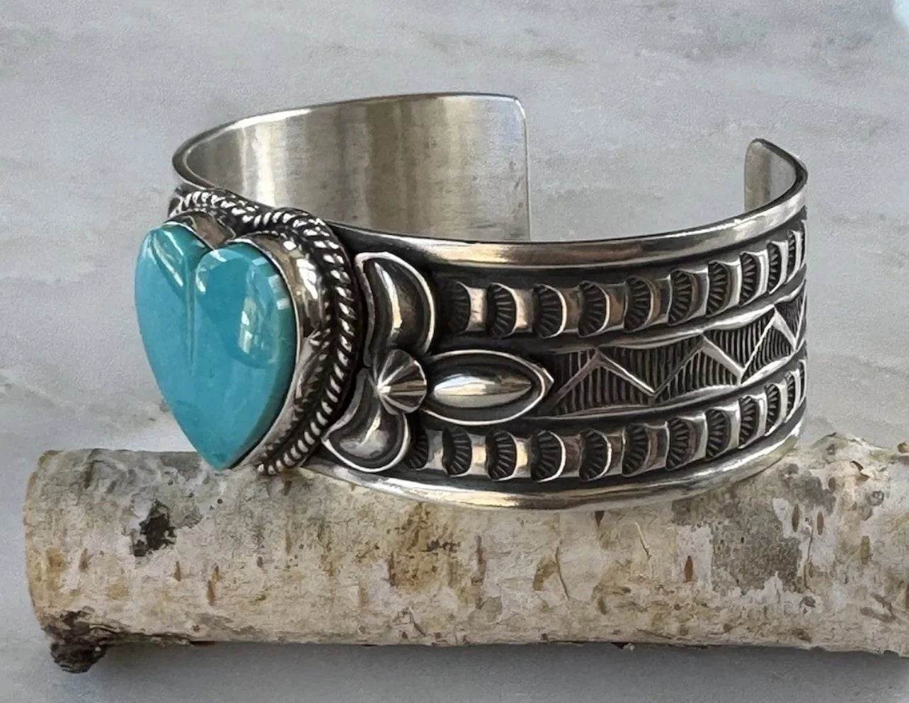Navajo Andy Cadman Kingman Turquoise Heart Cuff