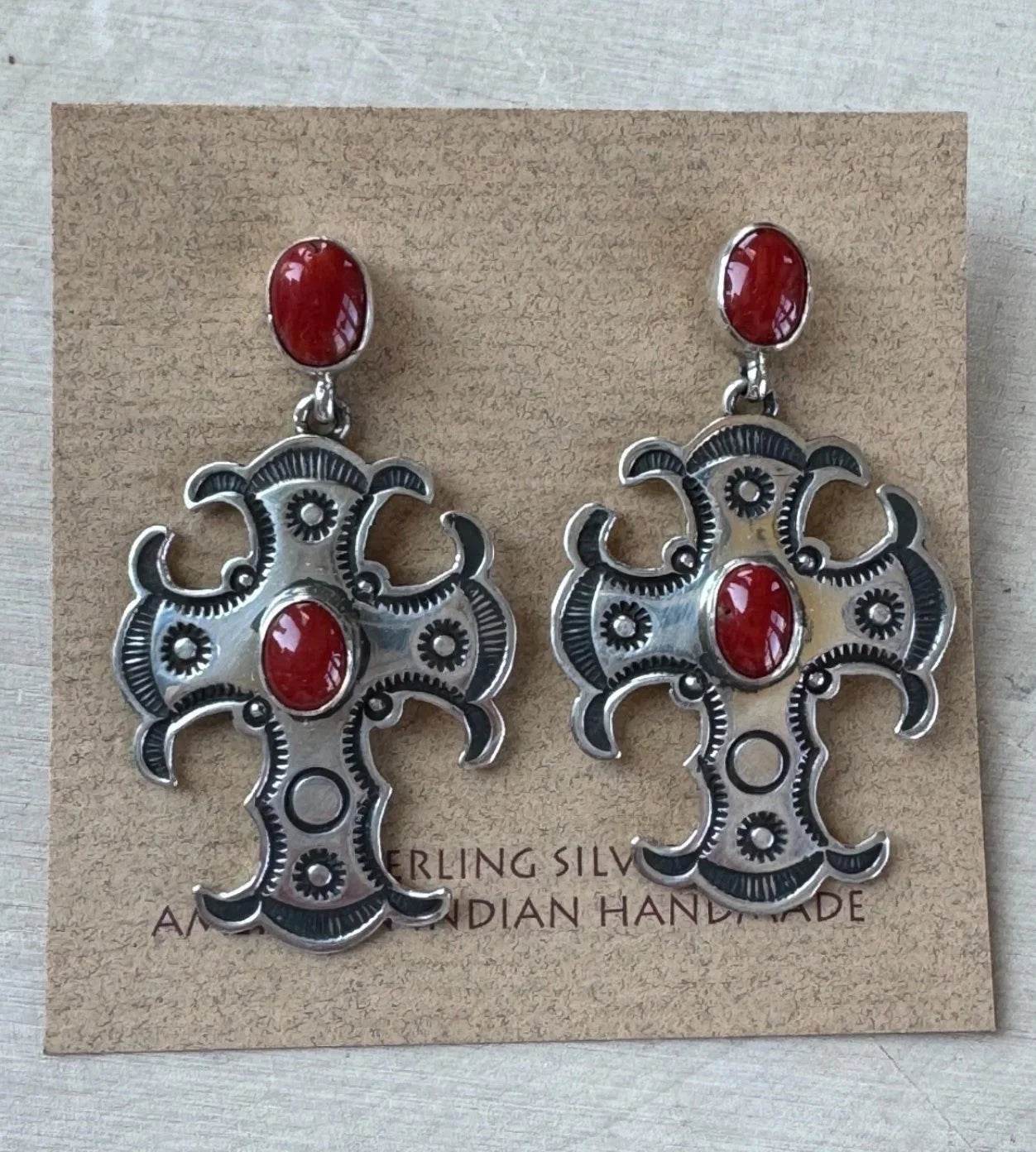 Mediterranean Coral & Sterling Cross Earrings