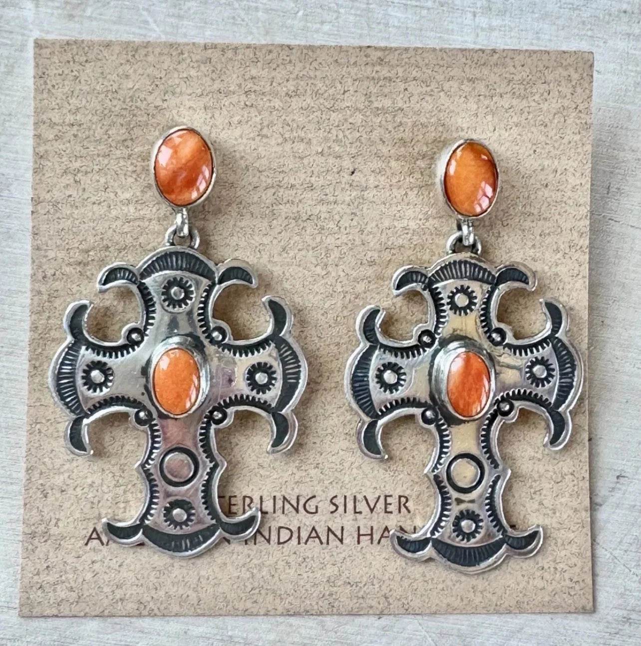 Orange Spiny Oyster Cross Earrings