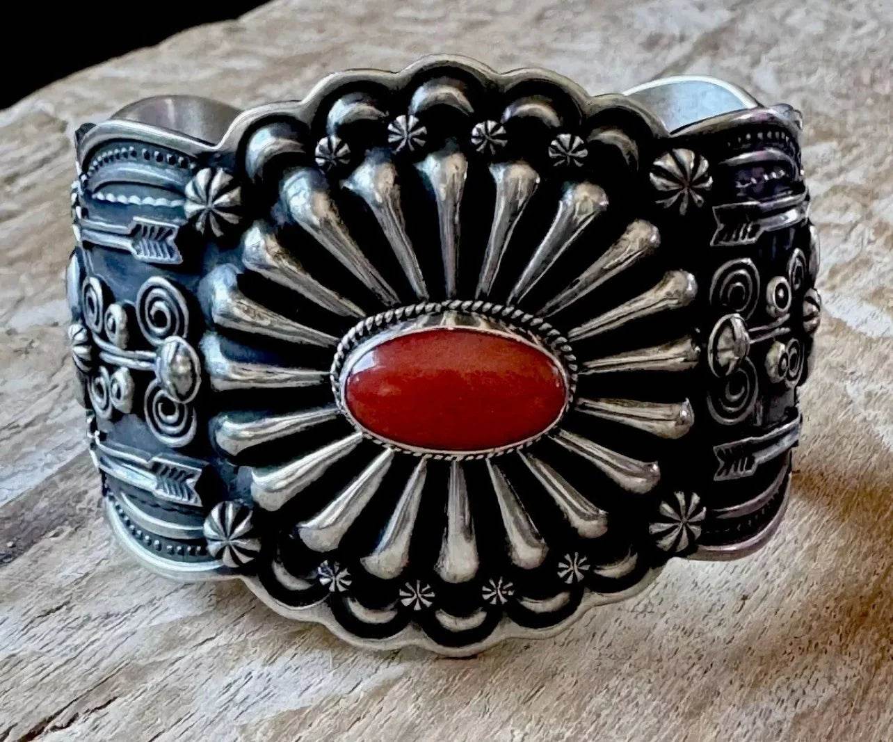 Mediterranean Coral Concho Style Sterling Cuff