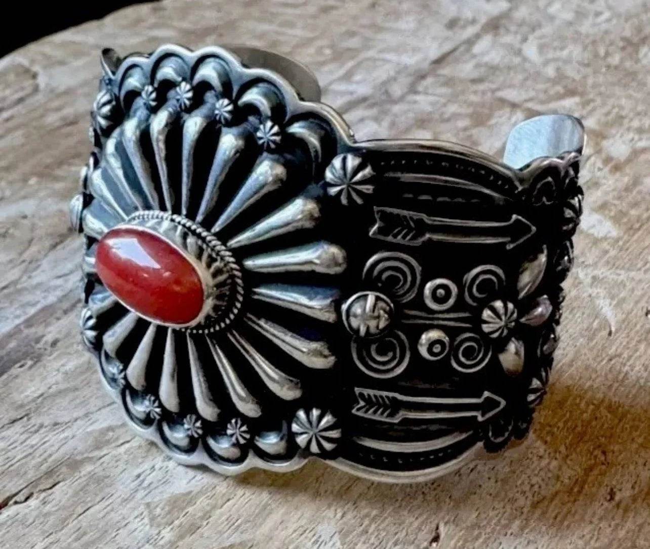 Mediterranean Coral Concho Style Sterling Cuff