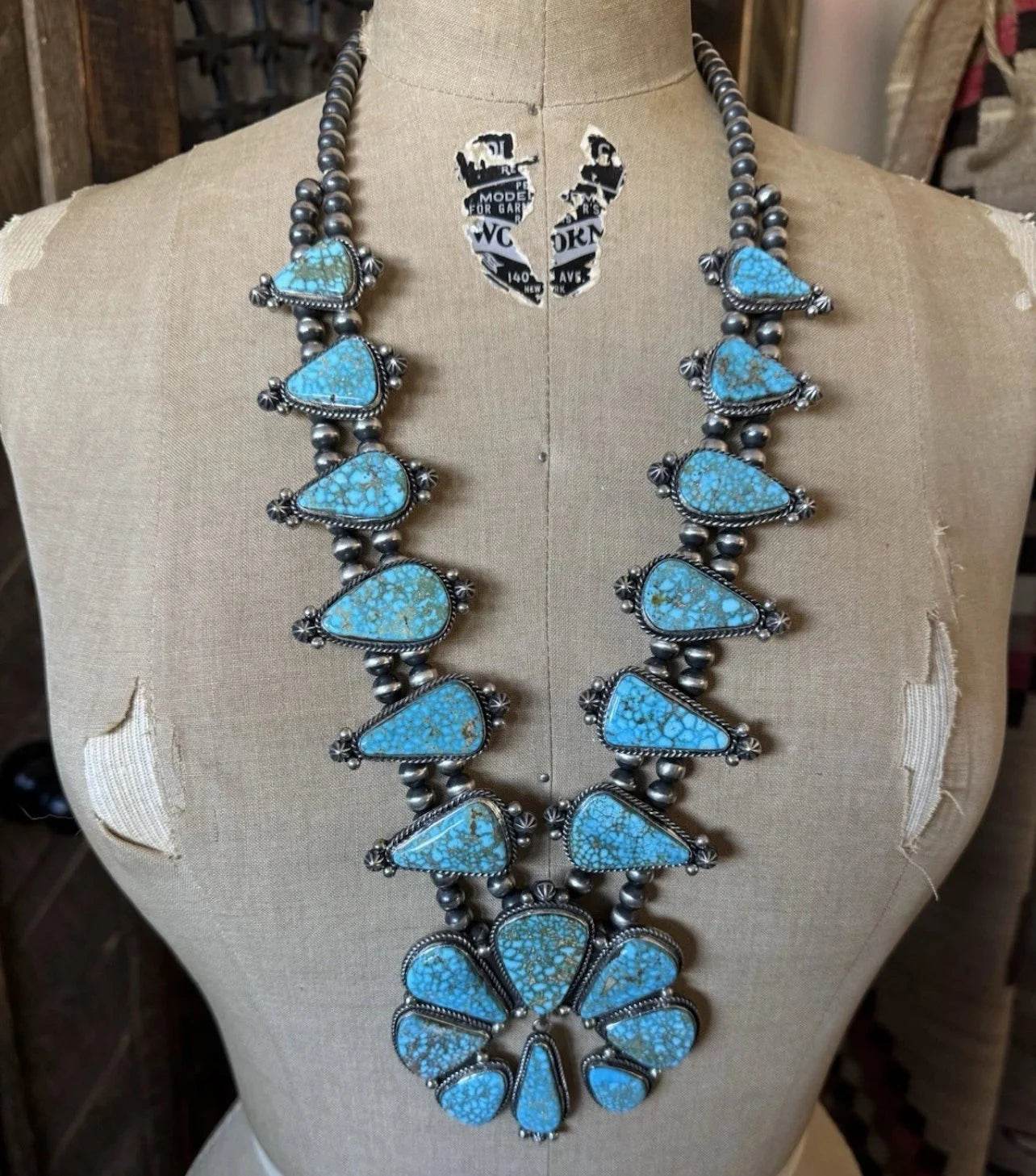 Kingman Turquoise Squash Blossom Necklace SET