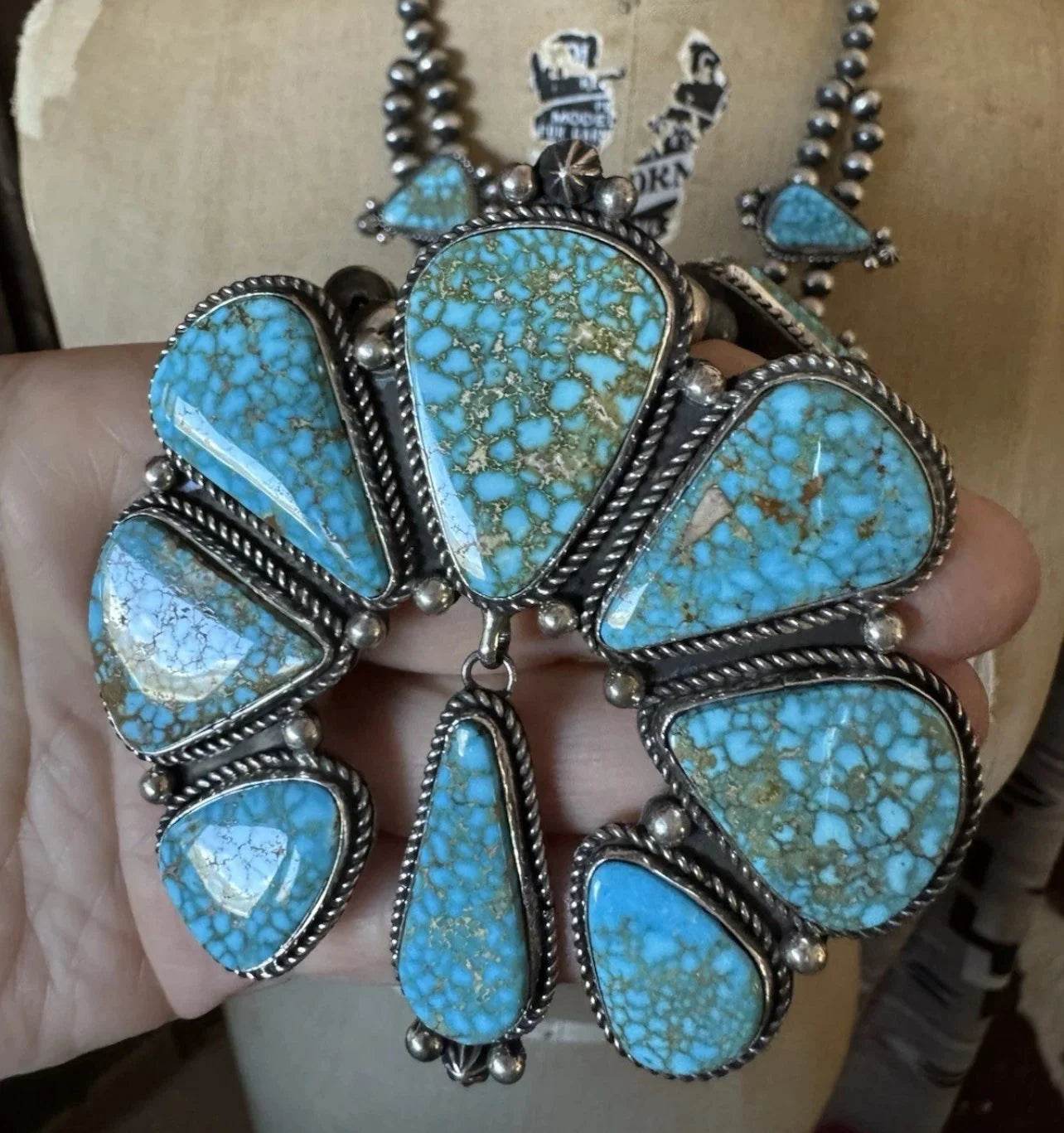 Kingman Turquoise Squash Blossom Necklace SET