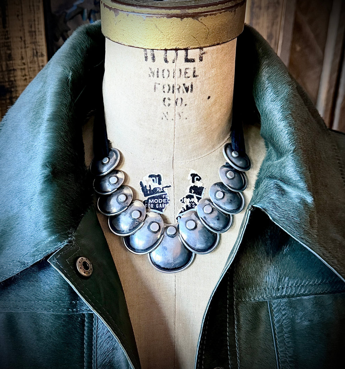 Vintage Taxco Sterling Armadillo Necklace on mannequin